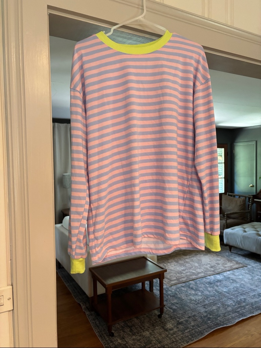 Women’s Long-Sleeve Striped Pink & Light Blue Top with Yellow Trim